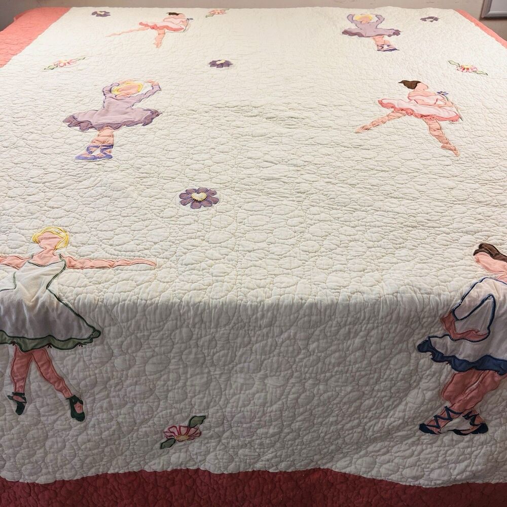 Vtg Twin Size Quilt Coverlet Ballet Dancer Applique Bedspread Whimsical Cottage